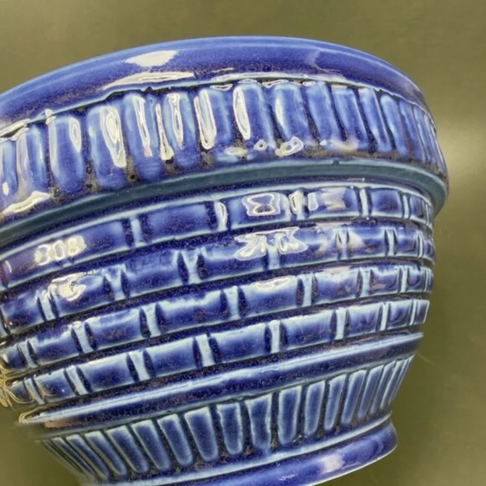 Burley Clay Products Pottery Blue Bowl Container Flower Pot USA Hand Made Marked
